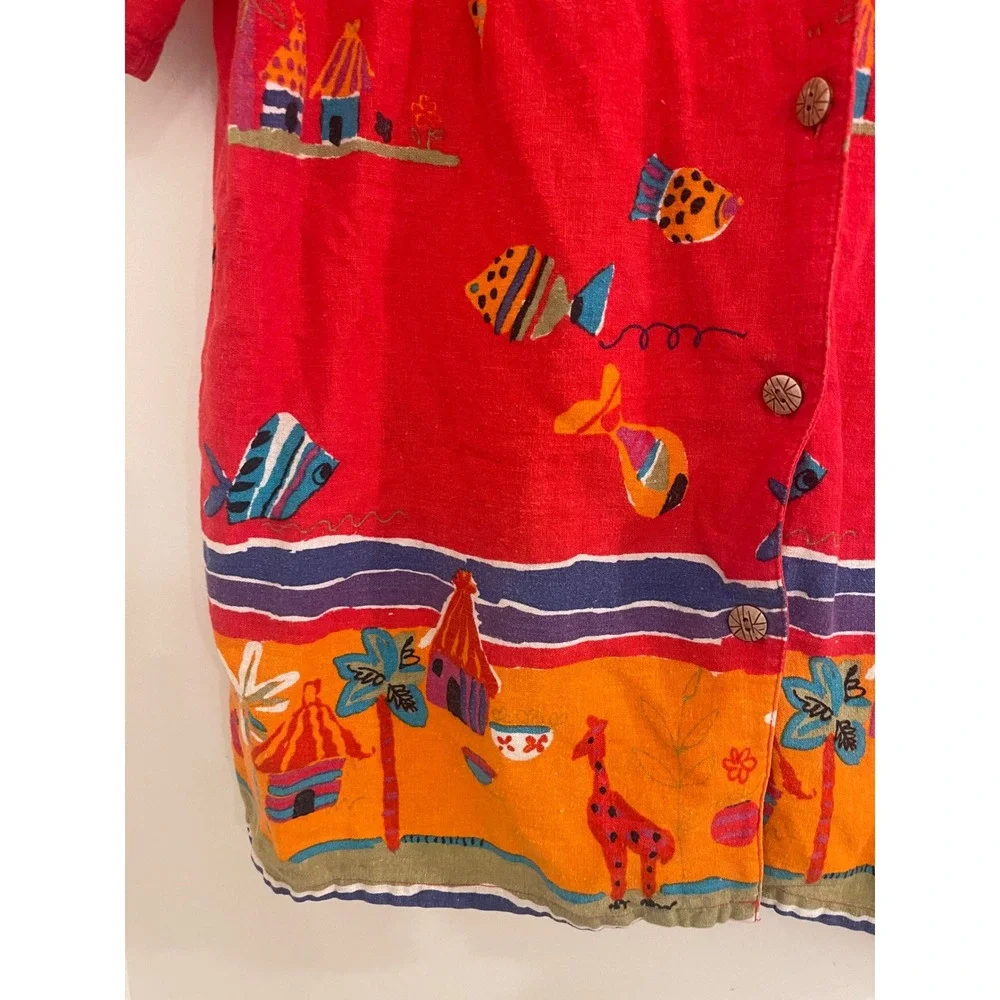 Vintage Linen Blend Fish Button Down Shirt Grandpacore Eclectic Eccentric‎